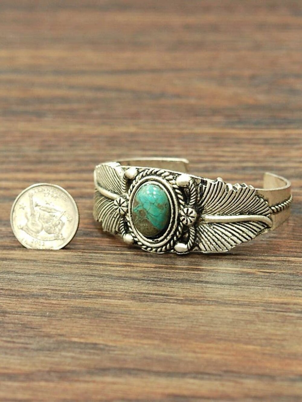 Turquoise Feather Cuff Bracelet Western Boho Silver Tone Navajo Style - Picture 2 of 3